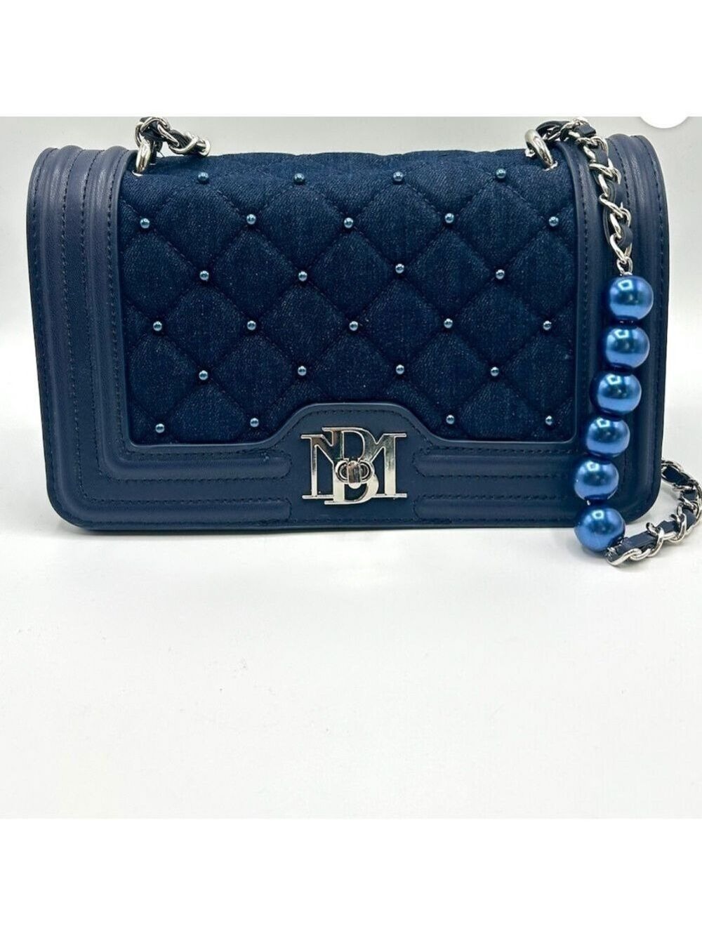 Badgley Mischka Denim Diamond Quilted Crossbody with matching pearls NWT
